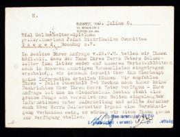 1945 A Magyarországi Zsidók Deportáltakat Gondozó Országos Bizottsága levele Goldarbeiter Izsó eltűn...