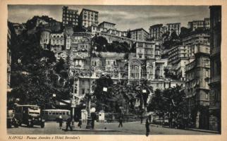 Naples, Napoli; Piazza Amedeo, Hotel Bertolini / square, hotel, automobile, tram