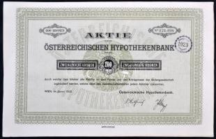 Ausztria / Bécs 1922. "Osztrák Jelzálogbank" részvénye 200K-ról német nyelven szelvényekkel, felülbélyegzéssel T:I- hajtatlan Austria / Vienna 1922. "Österreichischen Hypothekenbank" share about 200 Corona with coupons and stamp C:AU unfolded