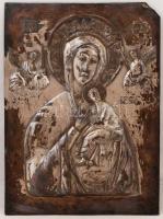 Régi ón relief ikon, az Istenszülő Szűzanya Kisjézussal és mellékalakokkal, kis sérüléssel, 37×27,5 cm /  Antique tin relief icon of Mary Theotokos with Jesus and with minor figures, with small damage, 37×27,5 cm