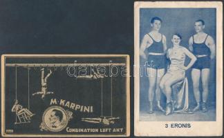 cca 1920 Cirkuszi artistákat bemutató reklámkártya/ Karpini, 3 Eroins circus artists advertising card