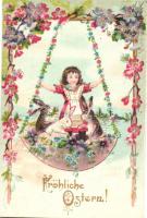 Easter, girl with rabbits, swing, floral litho (EB)