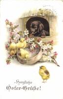 Easter, chickens with dog, K.G.L. 6111. litho (EK)