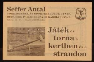 cca 1932 Seffer Antal Tornaszerek és Sporteszközök Gyára prospektusa, Játék és torna a kertben és a strandon