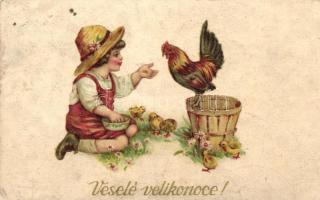 Easter, little child with rooster and chickens litho (fl)