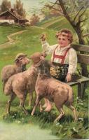 Tyrolean folklore, child with lambs, Emb. litho (gluemark)