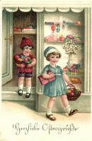 Easter, children with painted eggs litho