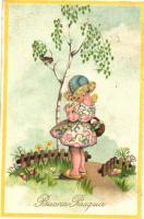 Easter, little girl with chicken and eggs