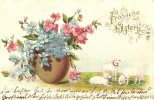 Easter, lambs with flower, Emb. litho silkcard (EK)