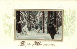 Christmas, winter landscape, man with sledge Emb.