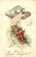 New Year, sledging child, money bags, B.N.K. 3334. litho (EB)