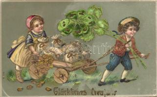 New Year, children with carriage of money bags, clovers, golden decoration litho (pinhole)
