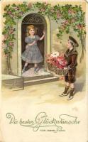 New Year, children couple, floral, golden decoration litho