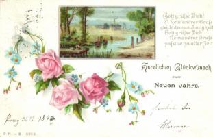 1898 New Year, landscape, boats, flowers litho