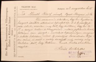 1913 Első Magyar Zeneautomata és Villanyzongora Eladási és Kölcsönző Intézet fejléces értesítő level...