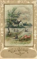 New Year, landscape with swallows, floral Emb. litho (Rb)