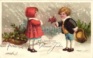 New Year, children couple, snowing litho (EK)