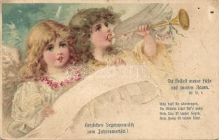 New Year, angels, trumpet litho