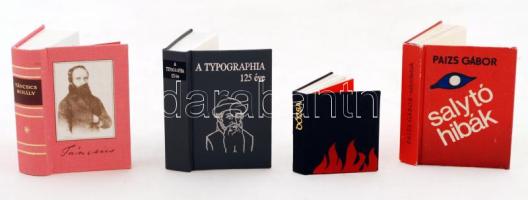 4 db minikönyv: Dózsa György és a magyar parasztháború. Bp., Zrínyi Nyomda. Kiadói műbőr kötés, jó állapotban; Táncsics Mihály és a magyarországi munkásmozgalom. 1974, Táncsics Könyvkiadó. Kiadói egészvászon kötés, jó állapotban.; Paizs Gábor: Salytó hibák. Debrecen, 1983. Kiadói kartonált kötés, jó állapotban; A typhographia 125 éve. Bp., 1994, 813. számozott kiadás. Kiadói kartonált kötés, jó állapotban.