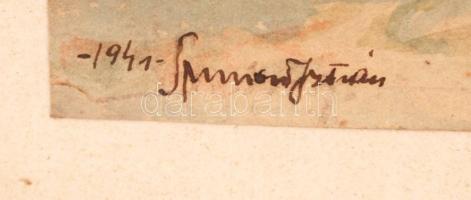 Simon István: Tájkép. Akvarell, papír, jelzett, üvegezett keretben, 22×16 cm