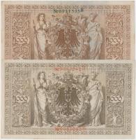 Német Birodalom 1910. 1000M (2x) hétjegyű sorszám, piros és zöld pecséttel T:II-,III
German Empire 1...