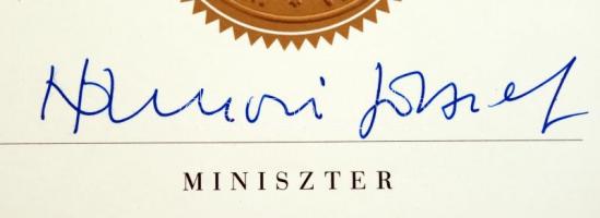 1999 A Művelődés szolgálatáért díj oklevele borítóval Hámori József kulturális miniszter saját kezű ...