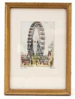 Olvashatatlan jelzéssel: Wien, Prater, Riesenrad, színezett rézkarc, selyem, paszpartuban, üvegezett fa keretben, 13×10 cm