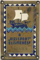 1934. A Vizisport Elismerése 1934. IX. 9. zománcozott fém plakett, BOCZÁN GY. BUDAPEST VII. RÁKÓCZI ÚT 6. gyártói jelzéssel, lyukasztott (81x54mm) T:2-,3 zománchiba