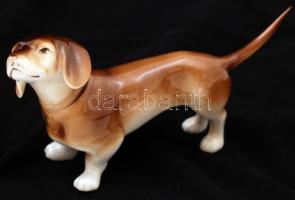 Royal Dux tacskó, kézzel festett, jelzett, hibátlan, m:8,5 cm, h:16,5 cm/ Royal Dux porcelain dachshund, perfect condition, signed