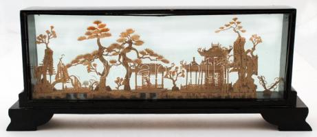 Kínai életképes parafa faragás, fa keretben, m: 16 cm /  Chinese cork carving with scene from daily life, in wooden frame, h: 16 cm