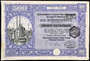 Budapest 1925. "Rimamurány-Salgó-Tarjáni Vasmű Részvény-Társaság" 10 részvénye egyenként 50P-ről, szelvényekkel, szárazpecséttel és felülbélyegzésekkel T:II-