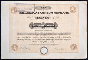 Hódmezővásárhely 1924. "Hódmezővásárhelyi Népbank" részvénye 1000K-ról, szelvényekkel, szárazpecséttel, felülbélyegezve T:III