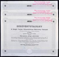 Budapest 1944. "A Salgó-Tarjáni Kőszénbánya Részvény-Társulat" részvényutalványa 10db egyenként 30P, összesen 300P névértékű társulati részvényről (3x), mindhárom szárazpecséttel, felülbélyegzettek, kettő sorszámkövető T:II