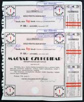 Budapest 1946. "Magyar Czukoripar - Részvénytársaság" részvényelismervény 100P névértékű részvényről (3x), mindegyik szárazpecséttel, szelvényekkel, felülbélyegzettek, sorszámkövetők T:II