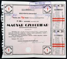 Budapest 1946. "Magyar Czukoripar - Részvénytársaság" részvényelismervény 100P névértékű r...