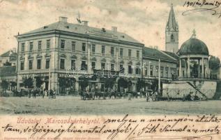 Marosvásárhely, Széchenyi tér, zenélő kút, Bergel Mór Budapesti férfi ruharaktára, Bucher Lajos üzlete, takarékpénztár / square, shops, musical fountain (fl)