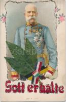 Franz Joseph, real dried leaves, Austro-Hungarian-German ribbons, decorated litho (EK)