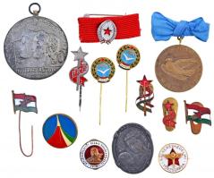 14db szocialista jelvény, érem és kitűző, közte 1956. "A Magyar Népköztársaság Ifjúsági Bajnoka / 4x100m II. hely" fém díjérem füllel; "Gépjárművezetők Szabad Szakszervezete 1926" zománcozott fém gomblyukjelvény T:vegyes