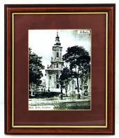 4 db nyomtatvány (Óbuda, Zichy-kastély, Bécsi út, katolikus templom) szép üvegezett fa keretben