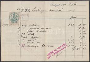 1896 Bp. Kígyó tér(Ferenciek tere), Kunz és Mössner Asztalnemű, Vászon és Fehérnemű, Menyasszonyi kelengyék boltjának díszes fejléces számlája 5 kr okmánybélyeggel