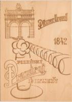 Pilsner Urquell sör reklám, fából készült képeslap, modern, Plzensky Prazdroj / Pilsner Urquell, beer advertisement, wooden card, modern