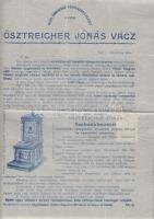 1909 Vác, Ösztreicher Jónás Szabadalmazott Tőzegszóró Clozetjének leírása, hátoldalán számlával, 2f okmánybélyeggel