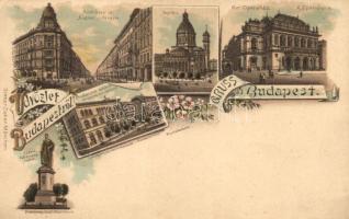 Budapest, Andrássy út, Bazilika, Operaház, József főherceg szobor, Minta rajziskola, Műcsarnok zene akadémia, Ottmar Zieher, floral, litho (EK)