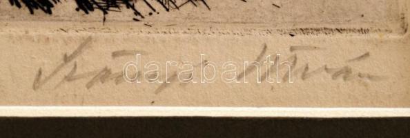 Szőnyi István (1894-1960): Szénahordás. Rézkarc, papír, jelzett, paszpartuban, 16×27 cm