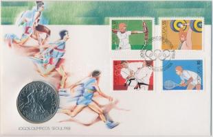 Portugália 1988. 250Esc Szöuli olimpia érmés borítékon elsőnapi bélyegzős bélyeggel, hátoldali ismertetővel T:BU Portugal 1988. 250 Escudos Summer Olympics coin letter with First day of issue stamp and information C:BU