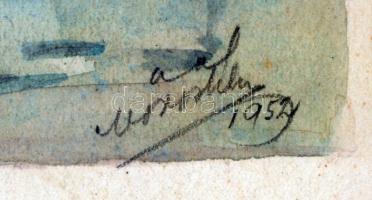 Olvashatatlan jelzéssel: Imádkozás az útszéli feszületnél, akvarell, papír, üvegezett fa keretben, 2...