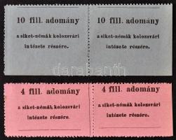 ~1920. 4f kettes ívben + 10f kettes ívben, adomány "A siket-némák kolozsvári intézete részére" 2x2-es ívben T:I,I- Hungary ~1920. 4 Fillér in sheet of 2 + 10 Fillér in sheet of 2, donation for the "Deaf-mute Institute of Cluj" C:UNC,AU