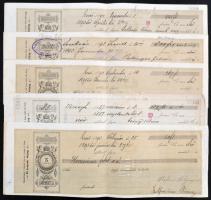 1892-1897. 5db klf kitöltött váltó, mindegyik hátoldalán bélyegzésekkel T:III