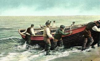 Russian fishermen, fishing boat