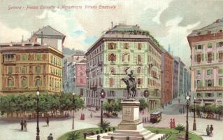 Genova, Piazza Corvetto e Monumento Vittorio Emanuele / square, monument, tram, litho (small tear)